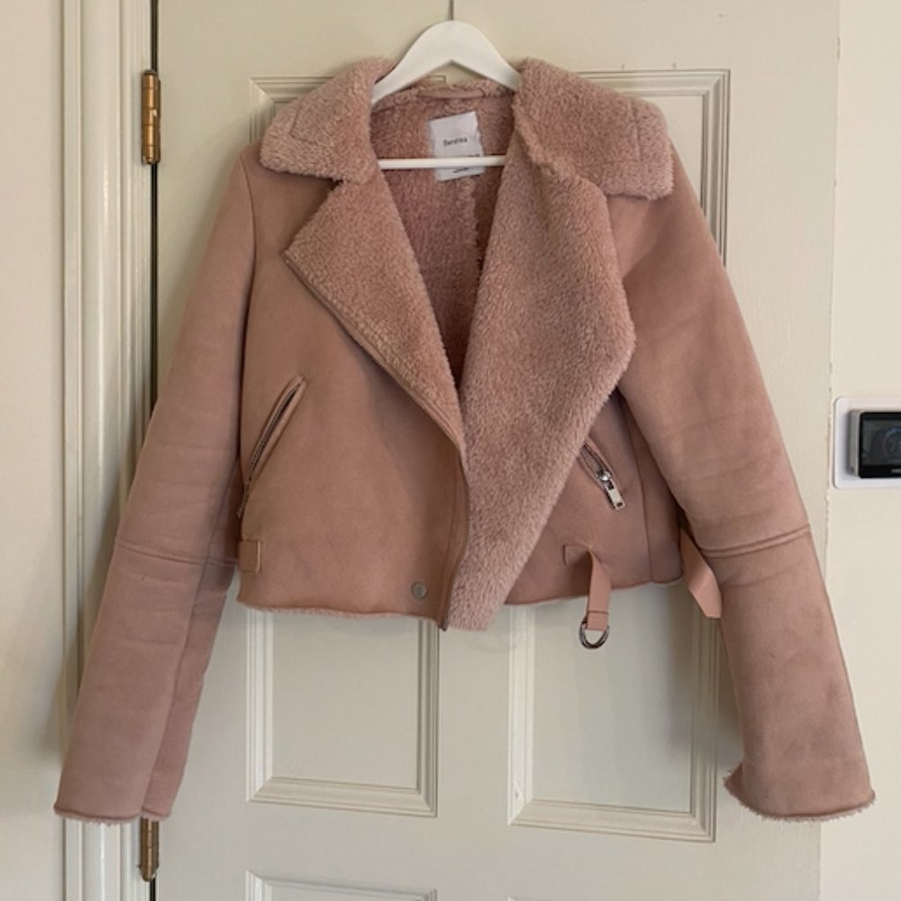 BERKSHA - Pink Suede Moto Jacket with fur - Size 8